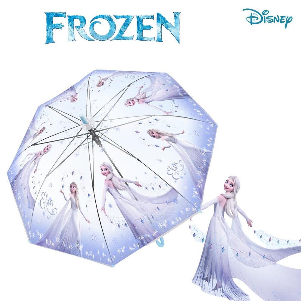 Disney Frozen Cartoon Vinyl Transparent Auto Open Stick Umbrella For Kids